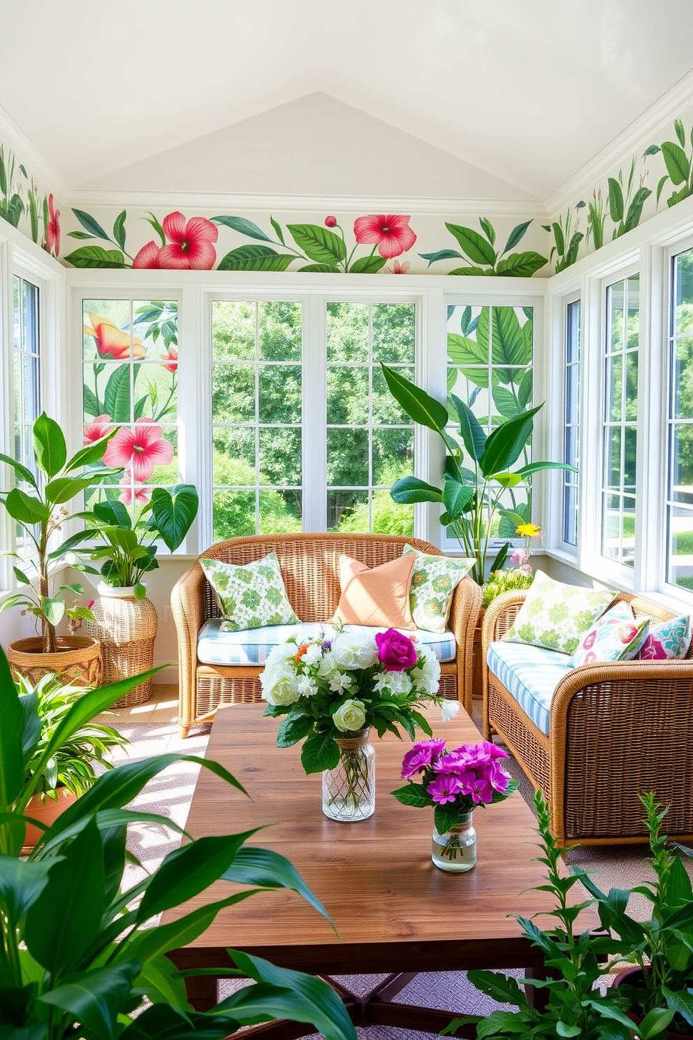 A bright and airy sunroom filled with natural light. The focal point is a statement light fixture hanging from the ceiling, casting a warm glow over the space. Surrounding the light fixture, large windows offer a panoramic view of the garden outside. Soft, comfortable seating in pastel colors invites relaxation and enjoyment of the serene atmosphere.