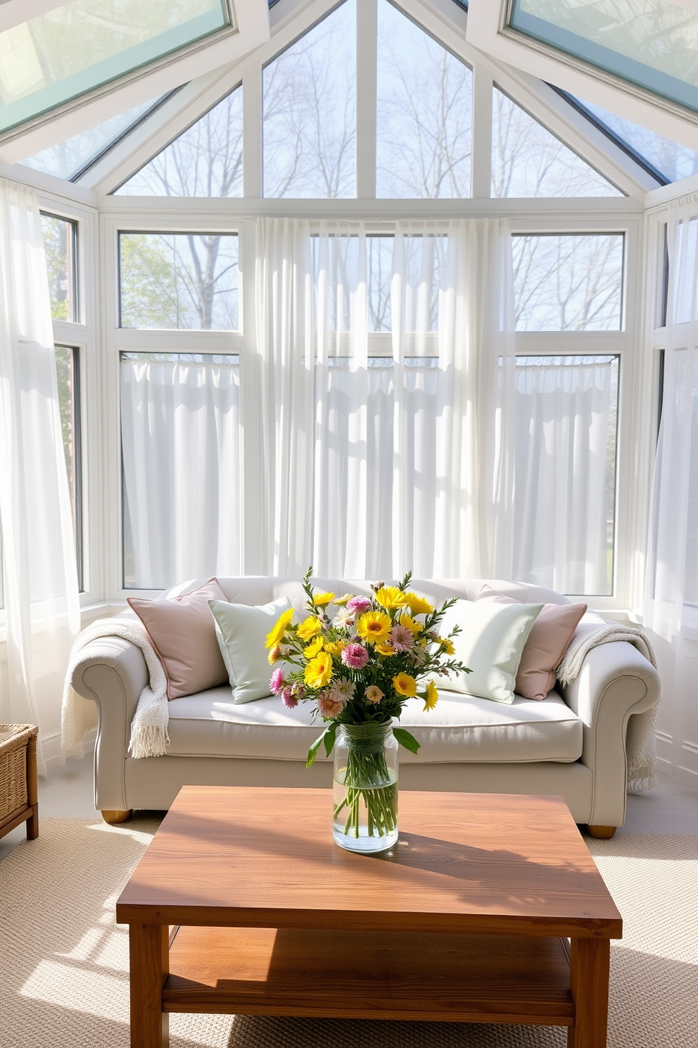 A bright and airy sunroom filled with natural light. Fresh flowers in colorful vases are placed on a rustic wooden table surrounded by comfortable seating. Light sheer curtains flutter gently in the breeze, enhancing the cheerful atmosphere. Potted plants in various sizes are arranged along the windowsills, creating a vibrant and welcoming space.