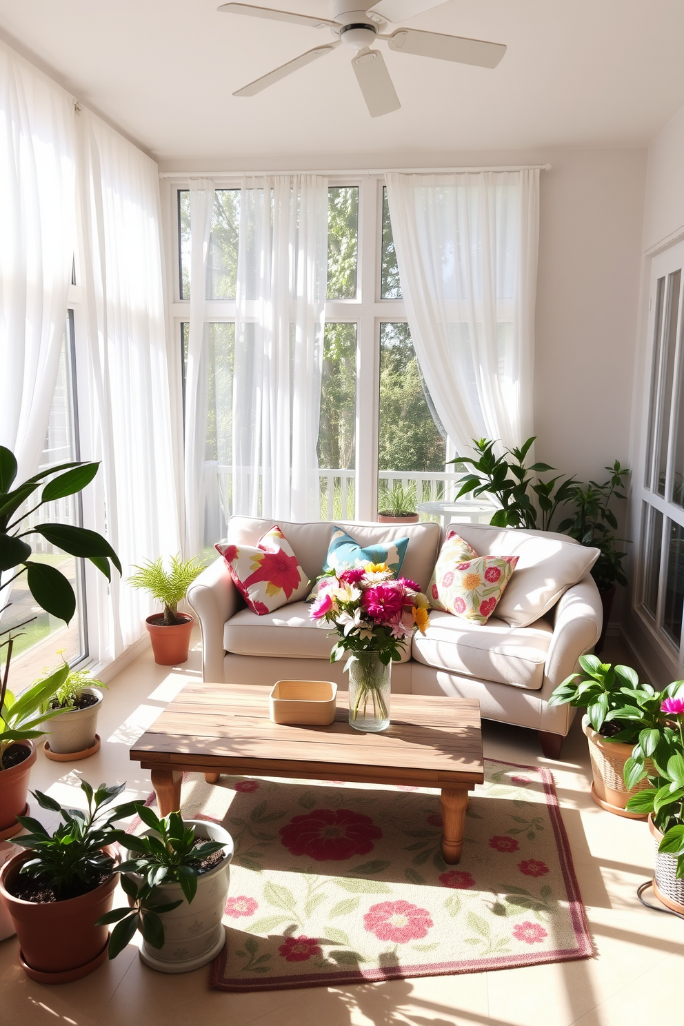 A bright and airy sunroom filled with natural light. The walls are adorned with soft pastel colors, and a cozy seating area features a mix of wicker and plush cushions. In one corner, a beautiful sun catcher hangs from the ceiling, casting colorful reflections across the room. Potted plants are strategically placed to enhance the spring vibe, and a light, patterned rug adds warmth to the wooden floor.