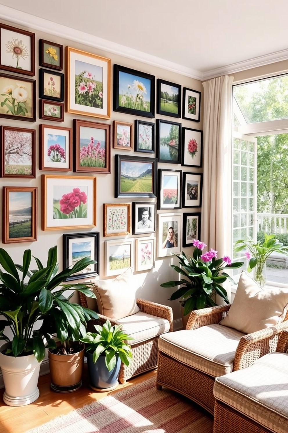 A bright and airy sunroom filled with natural light. The space features a mix of modern furniture and vintage decor, including a sleek glass coffee table paired with a rustic wooden bench. Lush green plants are placed in various corners, adding life to the room. A vintage chandelier hangs from the ceiling, complementing the contemporary artwork displayed on the walls.