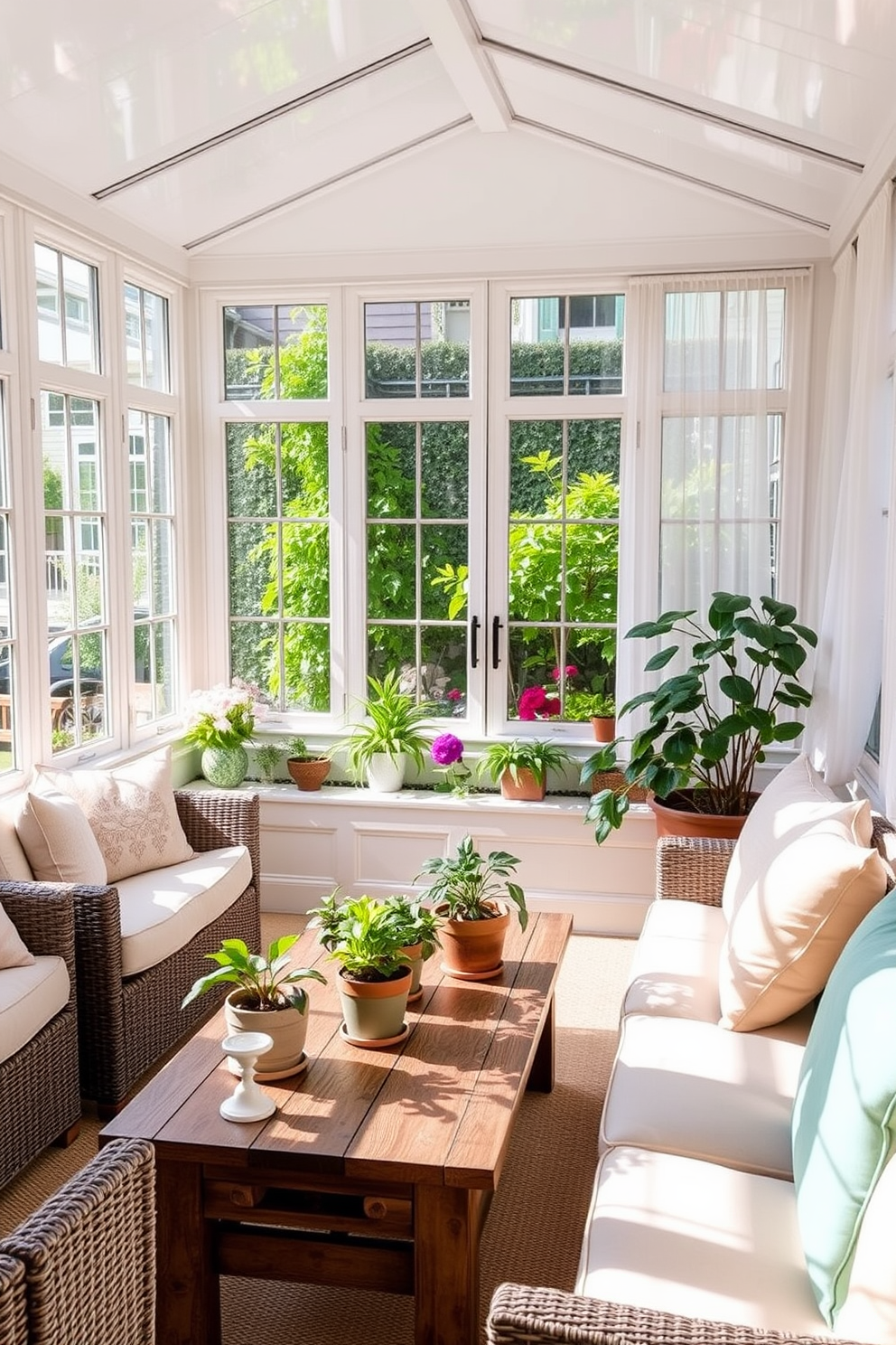 A bright and airy sunroom filled with natural light. The walls are adorned with large windows that showcase the blooming garden outside. In the center, a comfortable seating area features a mix of rattan chairs and a cozy sofa with pastel cushions. A wooden coffee table sits atop a soft area rug, creating a welcoming space for relaxation. Adorn the door with a vibrant spring wreath made of fresh flowers and greenery. Potted plants in various sizes are placed around the room, adding a touch of nature to the decor.