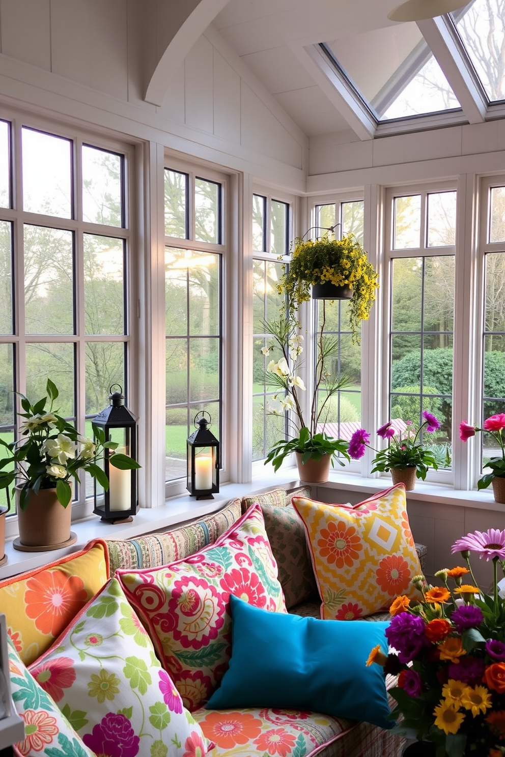 A bright and airy sunroom filled with natural light. There is a cozy seating area with a plush sofa adorned with pastel-colored cushions, surrounded by large windows that open to a lush garden. In one corner, a stylish small bar cart is elegantly set up with an assortment of glassware and colorful drink bottles. Potted plants and fresh flowers add a vibrant touch, creating a refreshing atmosphere perfect for spring gatherings.