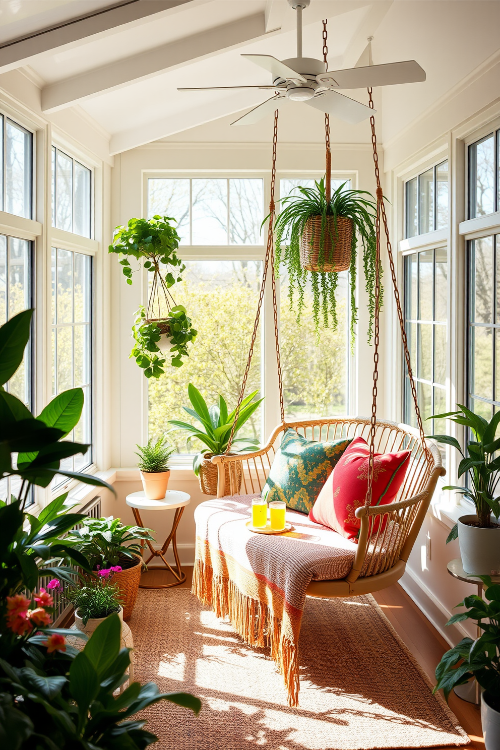 A bright and airy sunroom filled with natural light. Colorful throw blankets in vibrant hues are draped over a cozy wicker sofa, inviting relaxation and warmth. Potted plants in various sizes are arranged around the room, adding a touch of greenery. A rustic wooden coffee table sits in the center, adorned with a few decorative books and a fragrant candle.