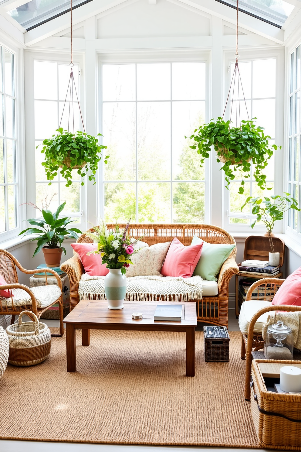 A bright sunroom filled with natural light, featuring large windows that open to a beautiful garden. A charming bird feeder hangs just outside the window, attracting colorful birds and enhancing the serene atmosphere. Inside, a cozy seating area is arranged with soft pastel cushions on a light wicker sofa. Potted plants in various sizes are strategically placed around the room, adding a touch of greenery and freshness to the decor.