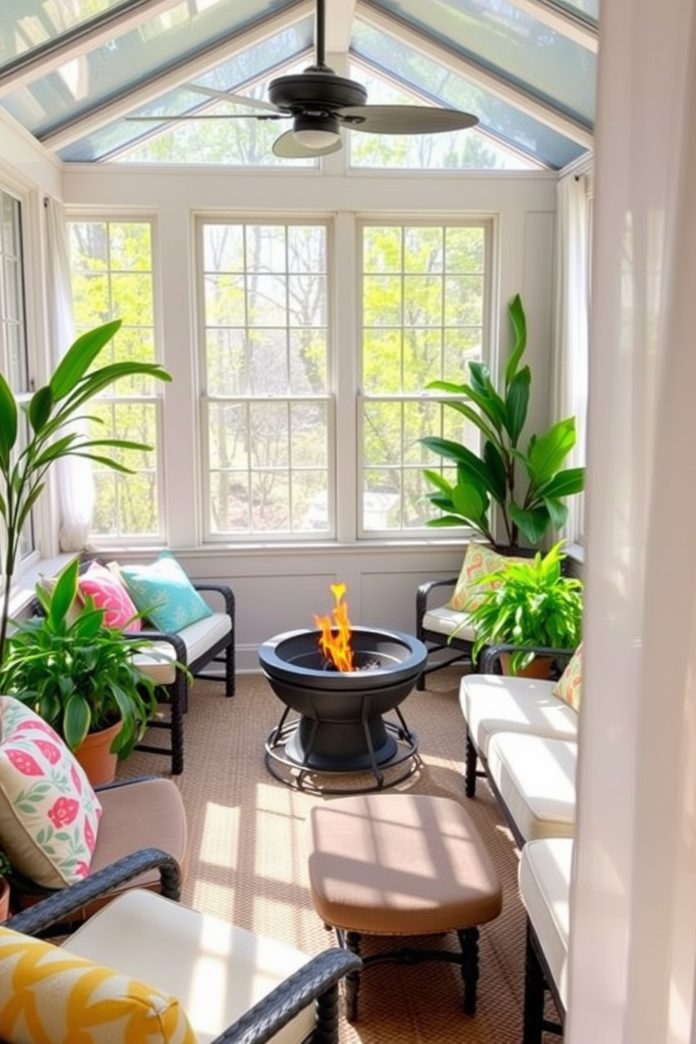 A bright and airy sunroom filled with natural light. A vintage trunk serves as a stylish storage solution, positioned in the corner beside a cozy armchair. The walls are adorned with soft pastel hues, creating a warm and inviting atmosphere. Lush indoor plants are scattered throughout, enhancing the fresh and vibrant feel of the space.