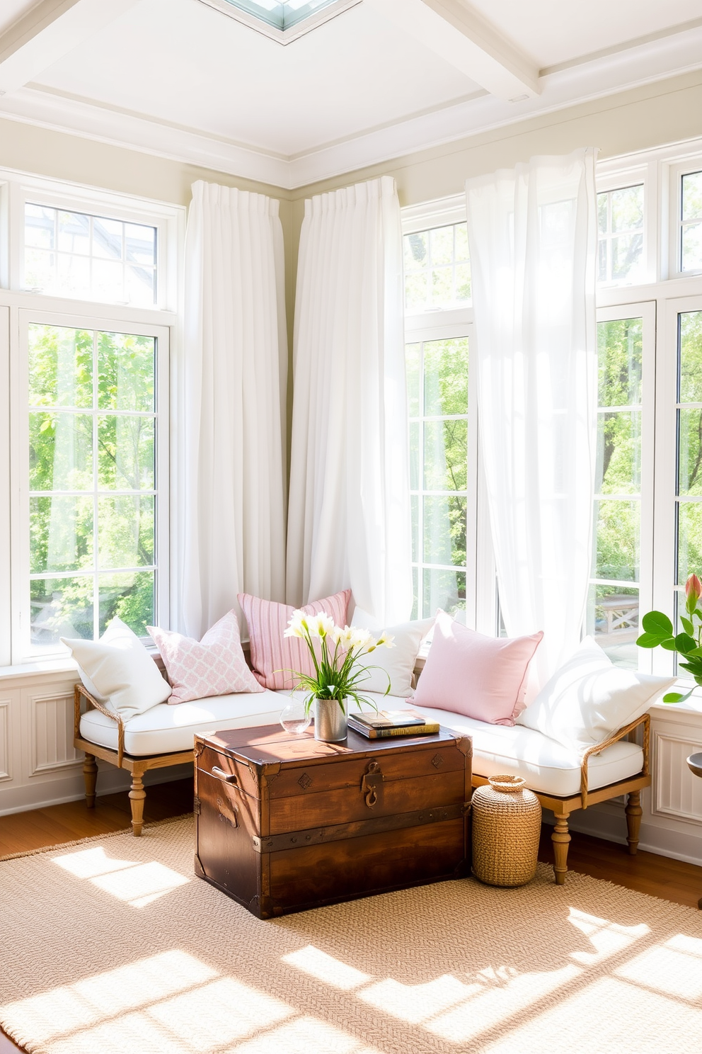 A cozy sunroom filled with natural light and vibrant greenery. In the center, a plush daybed adorned with colorful cushions invites relaxation, surrounded by large windows that frame the blooming garden outside. The walls are painted in a soft pastel hue, enhancing the cheerful atmosphere. Potted plants and hanging planters add a touch of nature, while a small coffee table beside the daybed holds refreshing drinks and a stack of books.