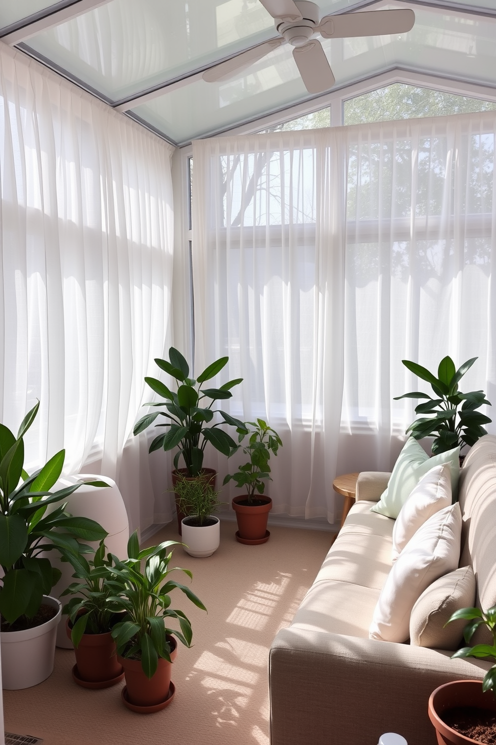 A bright sunroom filled with natural light. The space features light sheer curtains that gently flutter in the breeze, creating a soft and inviting atmosphere. A cozy seating area is arranged with a plush, pastel-colored sofa adorned with floral cushions. Potted plants and fresh flowers are scattered throughout, enhancing the vibrant spring feel.