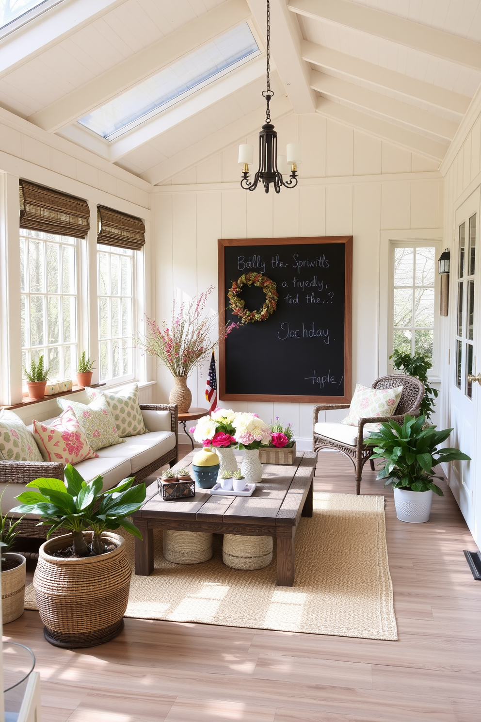 A bright and airy sunroom filled with natural light. The space features large windows adorned with sheer white curtains, allowing the spring sunshine to flood in. Decorative trays are used to organize various potted plants and garden tools on a rustic wooden table. The color palette includes soft pastels, with cushions in shades of mint and blush on a comfortable seating area.