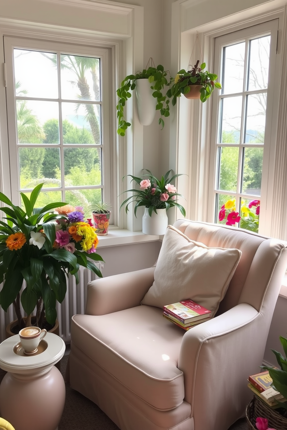 A cozy sunroom filled with natural light, featuring large windows that overlook a lush garden. In one corner, there is a comfortable armchair upholstered in soft fabric, paired with a small side table for books and a steaming cup of tea. The walls are painted in a soft pastel hue, enhancing the serene atmosphere. Potted plants are scattered throughout the space, and a woven rug adds warmth underfoot, inviting relaxation and enjoyment of the spring sunshine.