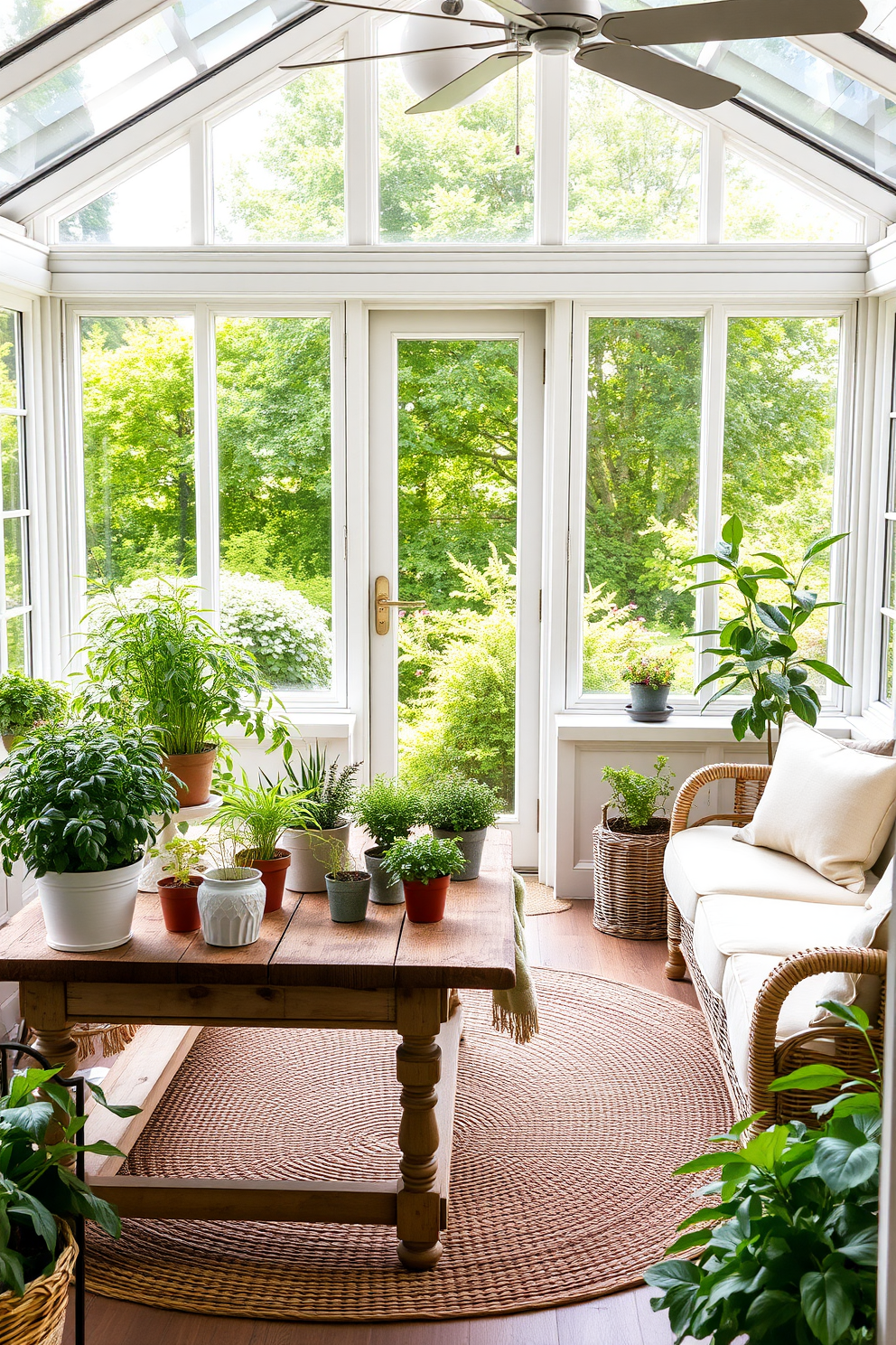 A bright and airy sunroom filled with natural light. The walls are adorned with botanical-themed wall art featuring lush green leaves and vibrant flowers. A comfortable seating area includes a plush sofa with pastel-colored cushions. Potted plants of various sizes are strategically placed around the room, enhancing the springtime atmosphere.