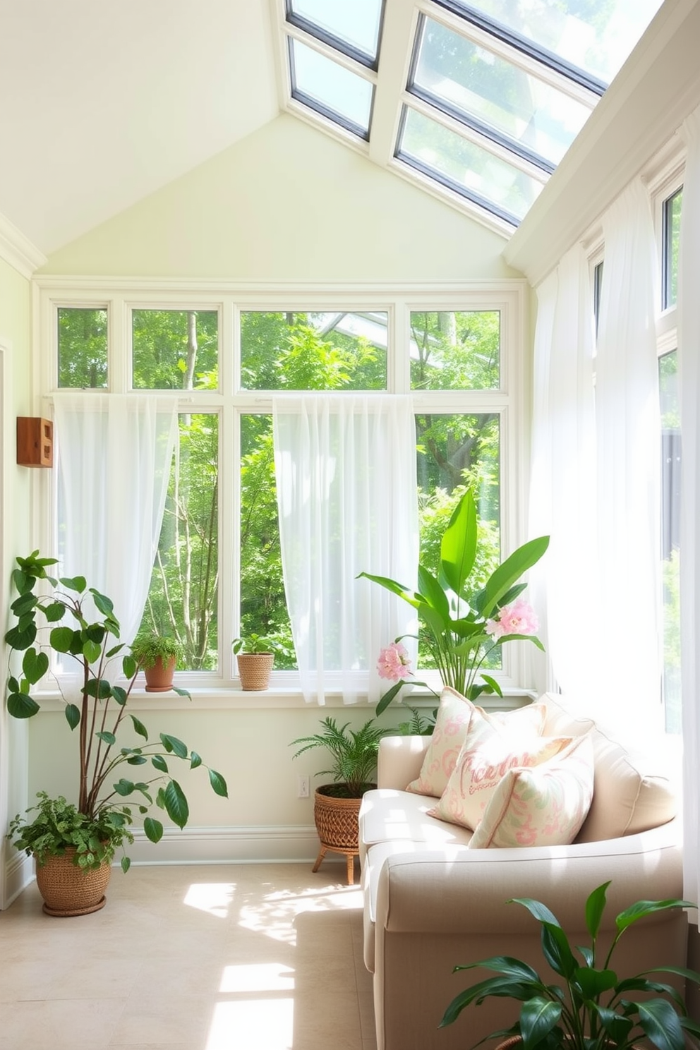 A bright and airy sunroom filled with natural light. The space features a comfortable seating area with a plush sofa and accent chairs, surrounded by large windows adorned with sheer curtains. Lush potted plants of various sizes are strategically placed throughout the room, adding vibrant greenery. A rustic coffee table sits at the center, topped with a few decorative books and a small vase of fresh flowers.