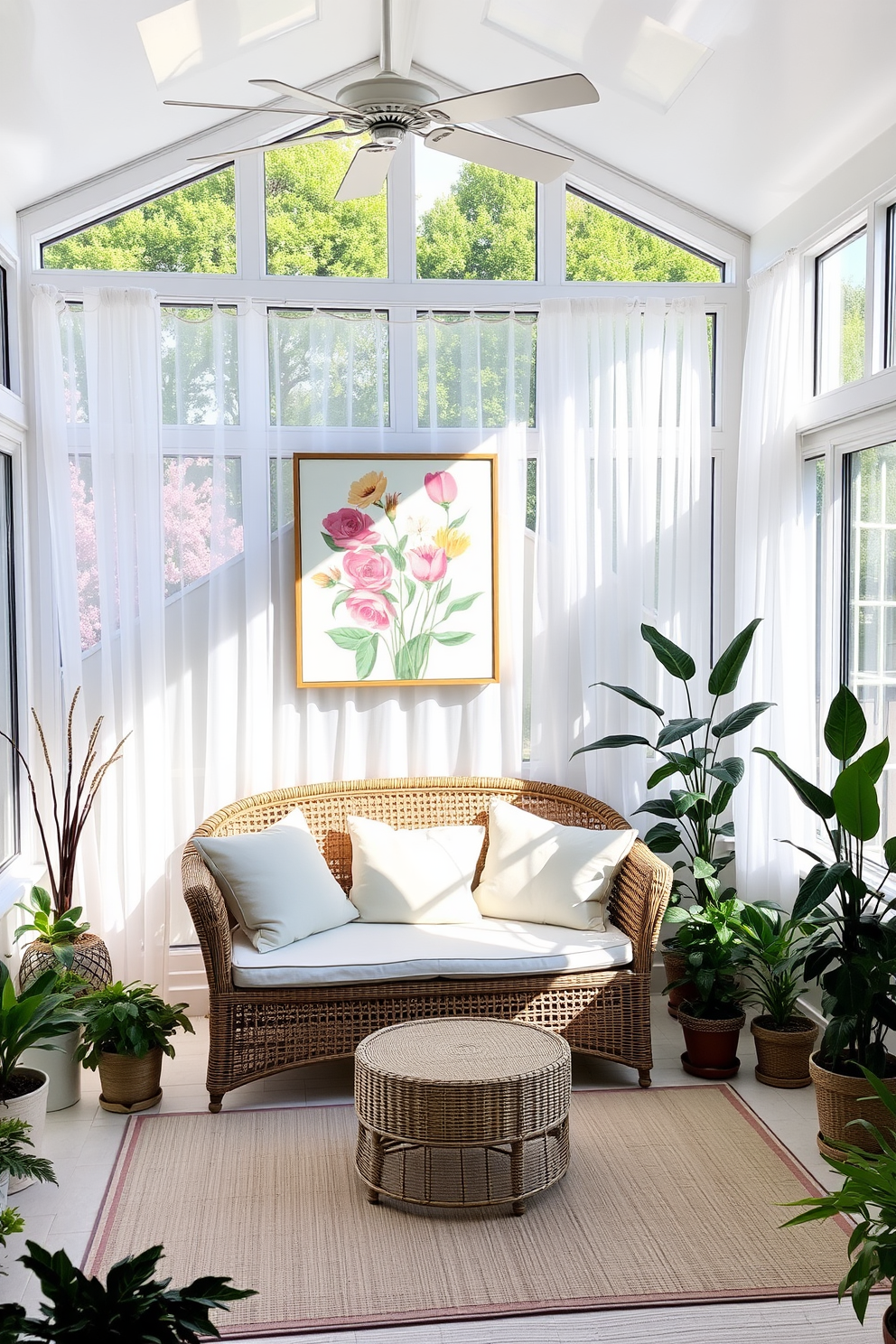 Create a coffee table centerpiece of stacked vintage books topped with a small potted succulent. Surround the arrangement with a few decorative coasters and a scented candle for a cozy touch. Spring sunroom decorating ideas include light sheer curtains that allow natural light to filter in. Incorporate vibrant throw pillows and a soft area rug to create a welcoming and cheerful atmosphere.