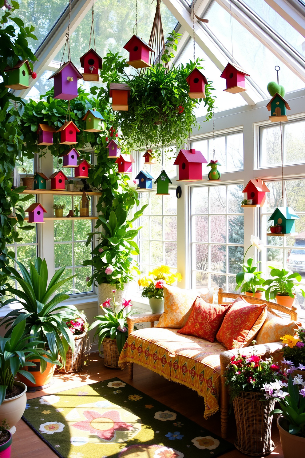 A bright and airy sunroom filled with natural light. The space features large windows adorned with sheer white curtains, allowing the spring sunshine to filter in beautifully. In the center, a plush soft area rug adds warmth and comfort underfoot. Surrounding the rug are cozy seating options with pastel-colored cushions and a small coffee table displaying fresh flowers.