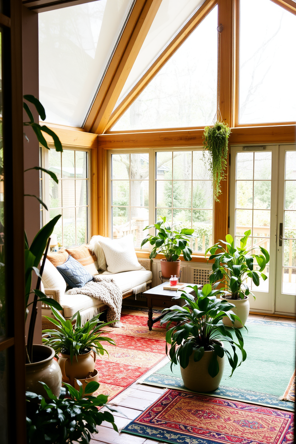 A bright and airy sunroom filled with natural light. Colorful macrame plant holders hang from the ceiling, showcasing a variety of lush green plants. The walls are painted in a soft pastel hue, complementing the vibrant colors of the macrame. Comfortable seating is arranged around a rustic wooden coffee table, inviting relaxation and enjoyment of the spring sunshine.