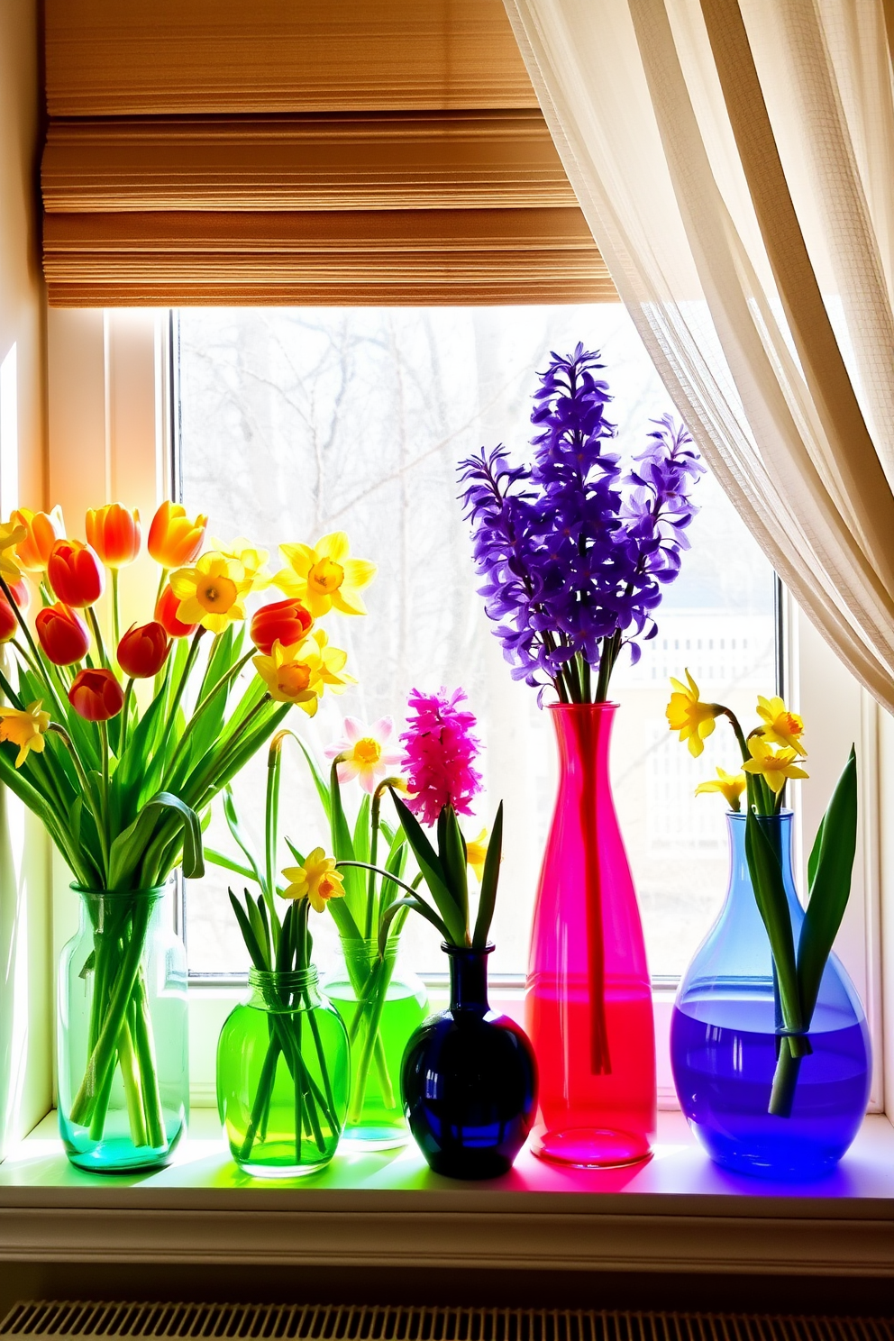 Colorful flower arrangements in window boxes create a vibrant and inviting atmosphere. The window boxes are filled with a mix of blooming flowers in various hues, adding a cheerful touch to the exterior of the home. For spring window decorating ideas, consider incorporating pastel-colored ribbons and lightweight fabrics. Sheer curtains flutter gently in the breeze, complementing the lively floral displays and enhancing the overall charm of the space.