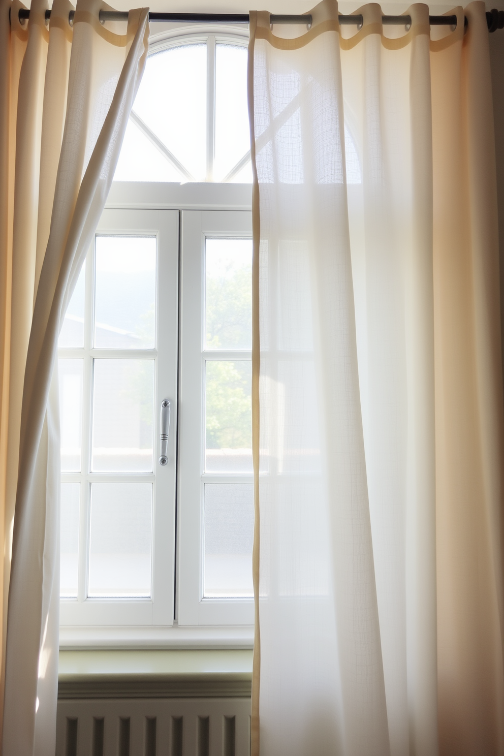 Lightweight linen curtains in soft hues frame a bright and airy window, allowing soft natural light to filter through. The delicate fabric gently sways with the breeze, creating a serene and inviting atmosphere in the room.