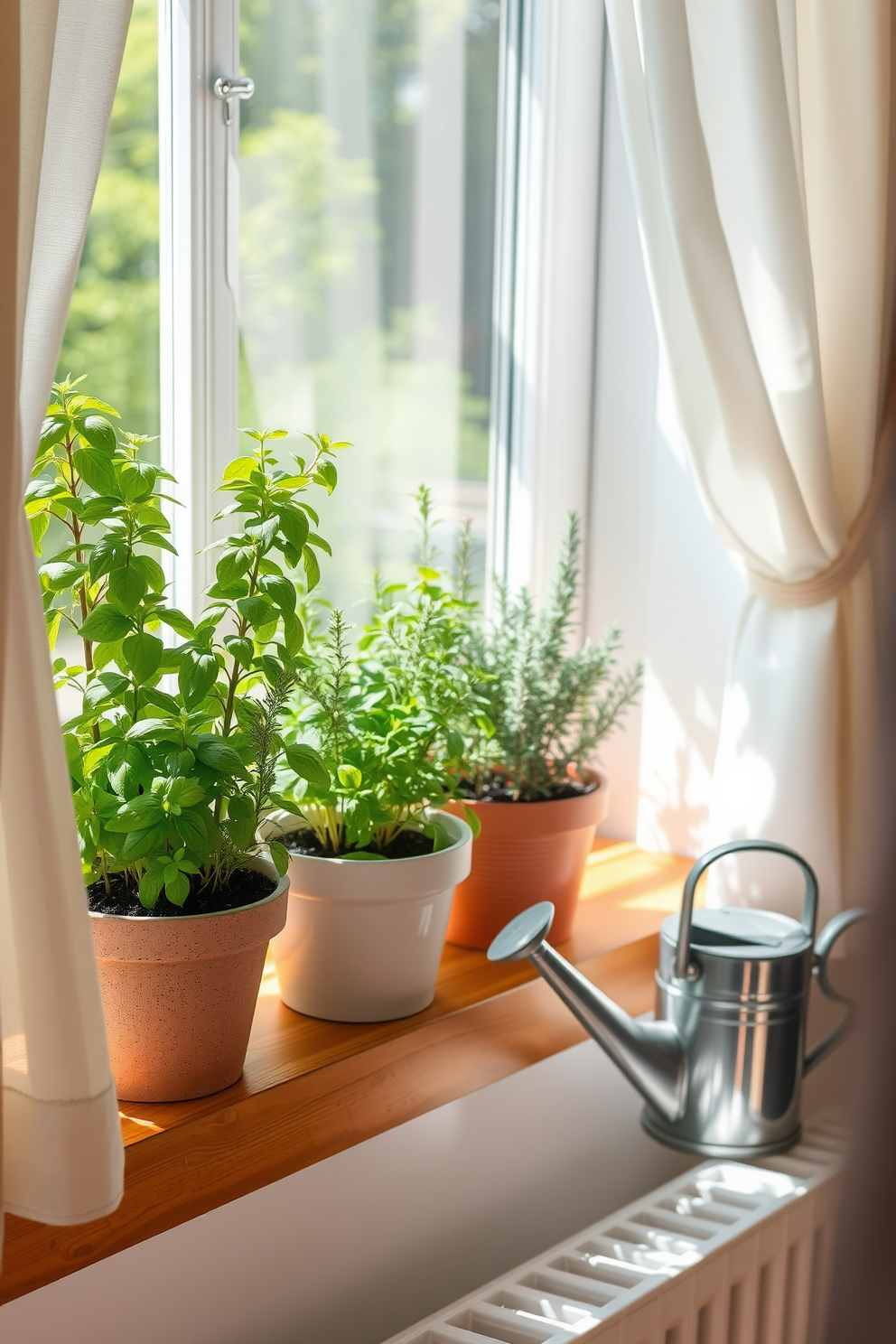 A charming window garden filled with potted herbs creates a fragrant and inviting atmosphere. The pots are arranged on a wooden windowsill, showcasing vibrant green basil, rosemary, and thyme, with sunlight streaming in to enhance their freshness. Delicate white curtains frame the window, allowing natural light to illuminate the herbs. A small watering can sits nearby, adding a touch of rustic charm to the serene spring decor.