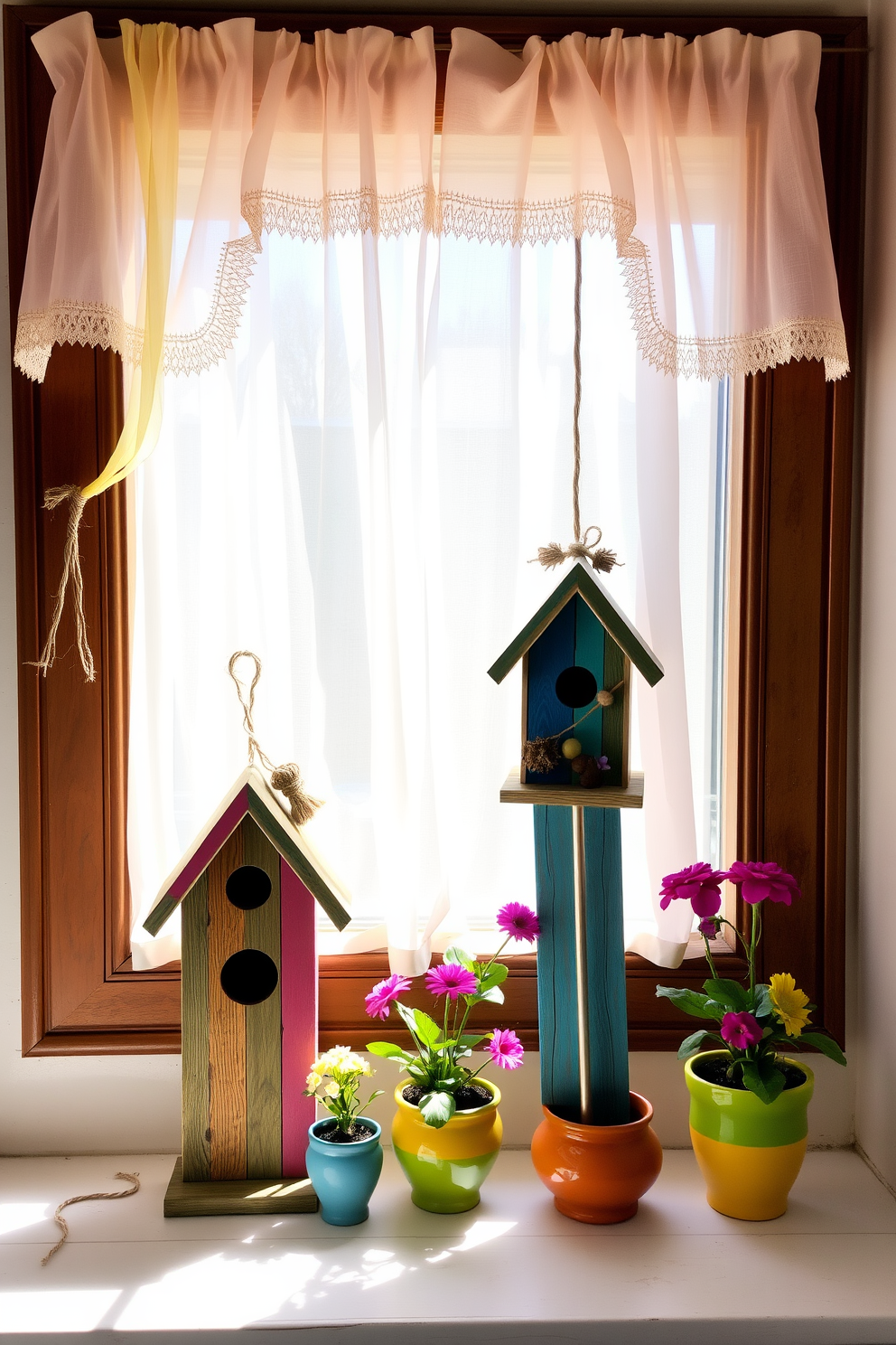 Charming birdhouses made from reclaimed wood with intricate carvings and vibrant paint colors. They are adorned with small decorative elements like twine and dried flowers, creating a whimsical touch in a garden setting. Spring window decorating ideas featuring sheer curtains in pastel colors that gently filter sunlight. Potted flowers in colorful ceramic pots are placed on the windowsill, enhancing the cheerful ambiance of the room.