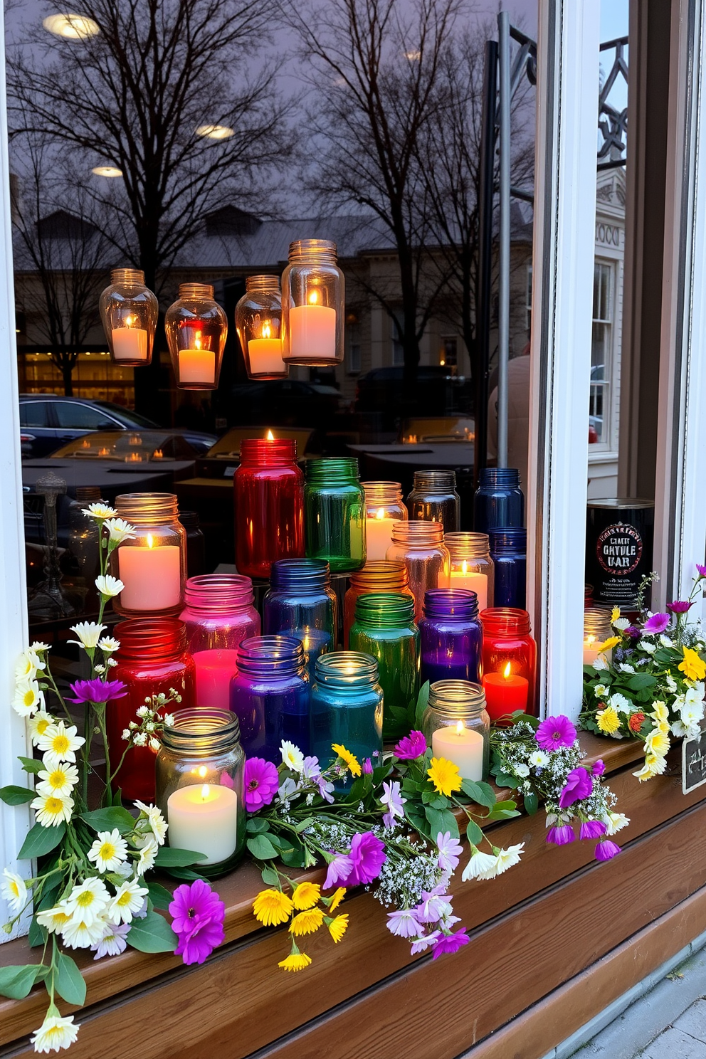 A vibrant window display features an array of colorful glass jars filled with flickering candlelight. The jars are arranged on a wooden ledge, surrounded by fresh spring flowers and greenery, creating a cheerful and inviting atmosphere.