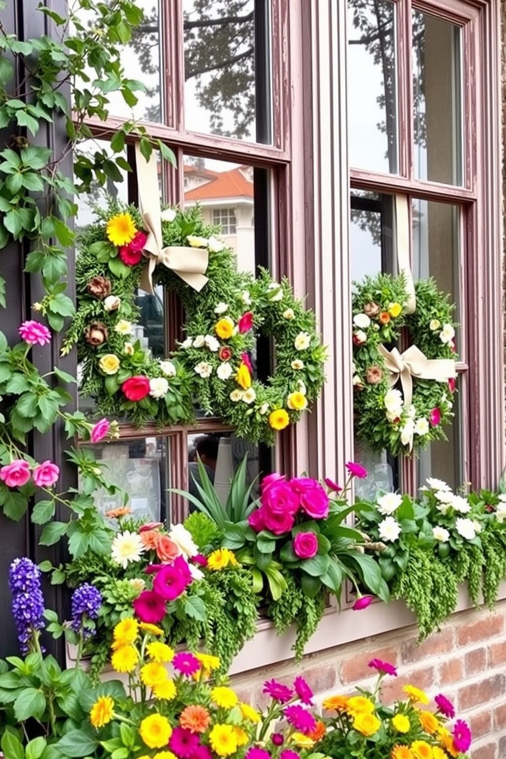 A charming window adorned with seasonal wreaths captures the essence of spring. Lush greenery and vibrant blooms create a lively and inviting atmosphere, perfect for welcoming the new season.