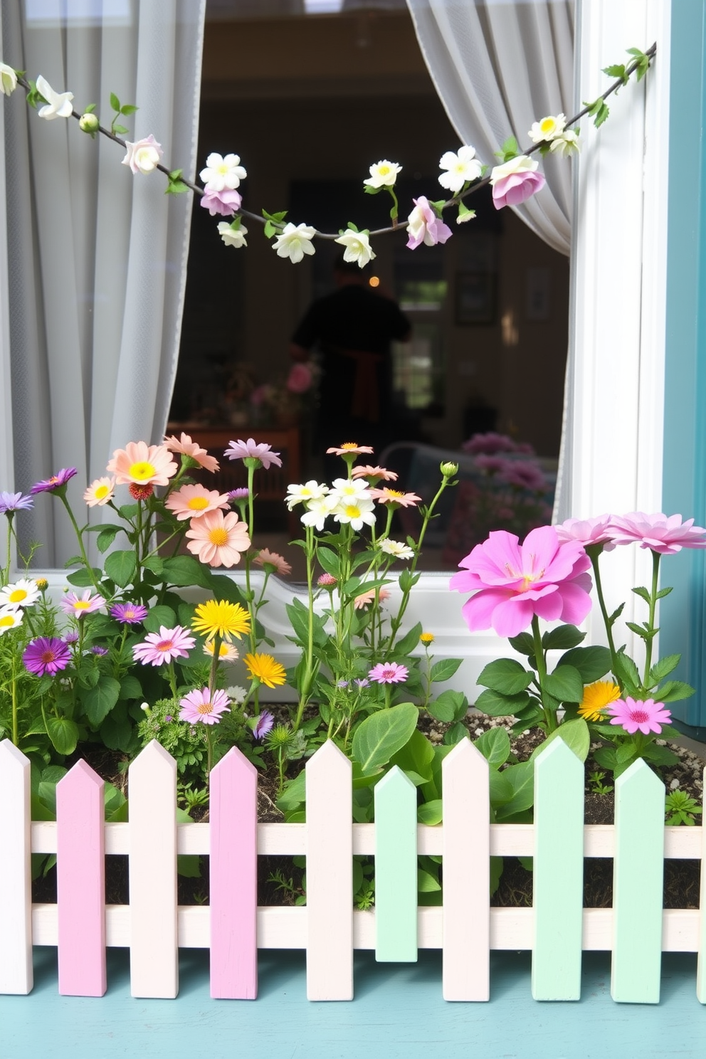 A bright and cheerful spring-themed window display adorned with colorful stickers and decals featuring flowers, butterflies, and birds. The sunlight streams through the windows, illuminating the vibrant designs and creating a warm, inviting atmosphere. The window sills are decorated with potted plants and small vases filled with fresh spring blooms. Soft pastel colors dominate the scene, enhancing the joyful essence of the season while providing a refreshing touch to the interior.