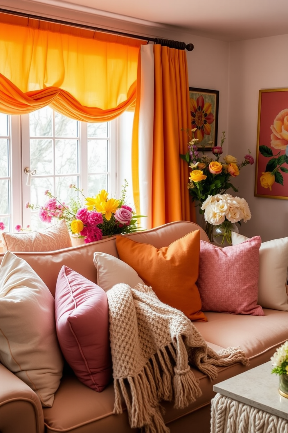 A cozy living room adorned with layered fabrics in various textures and warm colors. Plush cushions in soft pastels are scattered across a deep-set sofa, while a knitted throw drapes elegantly over the armrest. Brightly colored curtains frame the window, allowing natural light to filter through. Seasonal decorations, including fresh flowers and vibrant artwork, bring a cheerful spring vibe to the space.