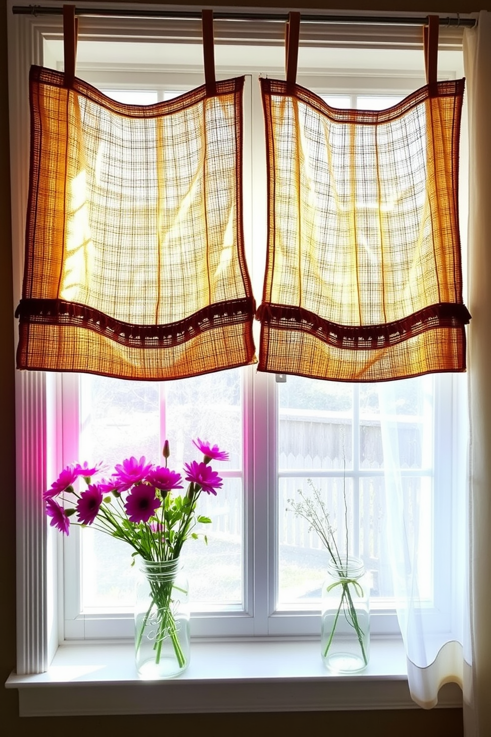 Burlap sacks hang gracefully as rustic window treatments, adding a touch of farmhouse charm to the space. The natural texture of the burlap complements the earthy tones of the room, creating a warm and inviting atmosphere. For spring window decorating ideas, fresh flowers in vibrant colors are arranged in mason jars placed on the windowsill. Delicate sheer curtains flutter gently in the breeze, allowing soft sunlight to filter through and brighten the room.