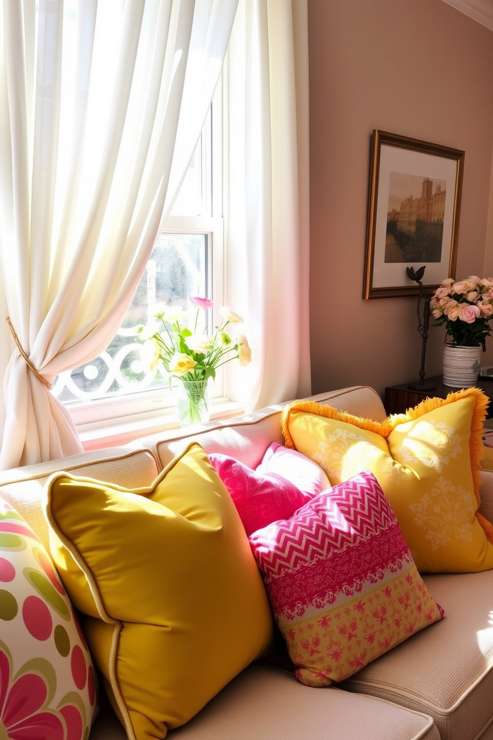 Brightly colored throw pillows are arranged on a cozy sofa, adding vibrant splashes of color to the living room. The pillows feature various patterns and textures, creating a lively and inviting atmosphere. Spring window decorating ideas include sheer white curtains that gently filter sunlight, enhancing the brightness of the room. Fresh flowers in pastel hues are displayed on the windowsill, bringing a touch of nature indoors.