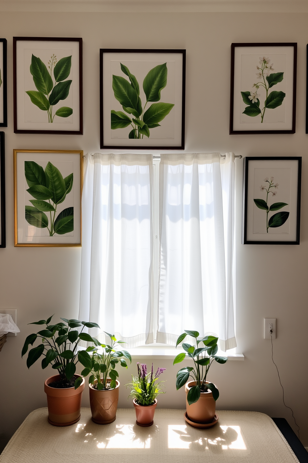 Framed botanical prints adorn the walls, showcasing vibrant green leaves and delicate flowers that bring a touch of nature indoors. The prints are arranged in a gallery style, creating a focal point that enhances the room's natural beauty. Spring window decorating ideas feature sheer white curtains that gently filter sunlight, creating a bright and airy atmosphere. Potted plants sit on the windowsill, adding fresh greenery and a sense of life to the space.