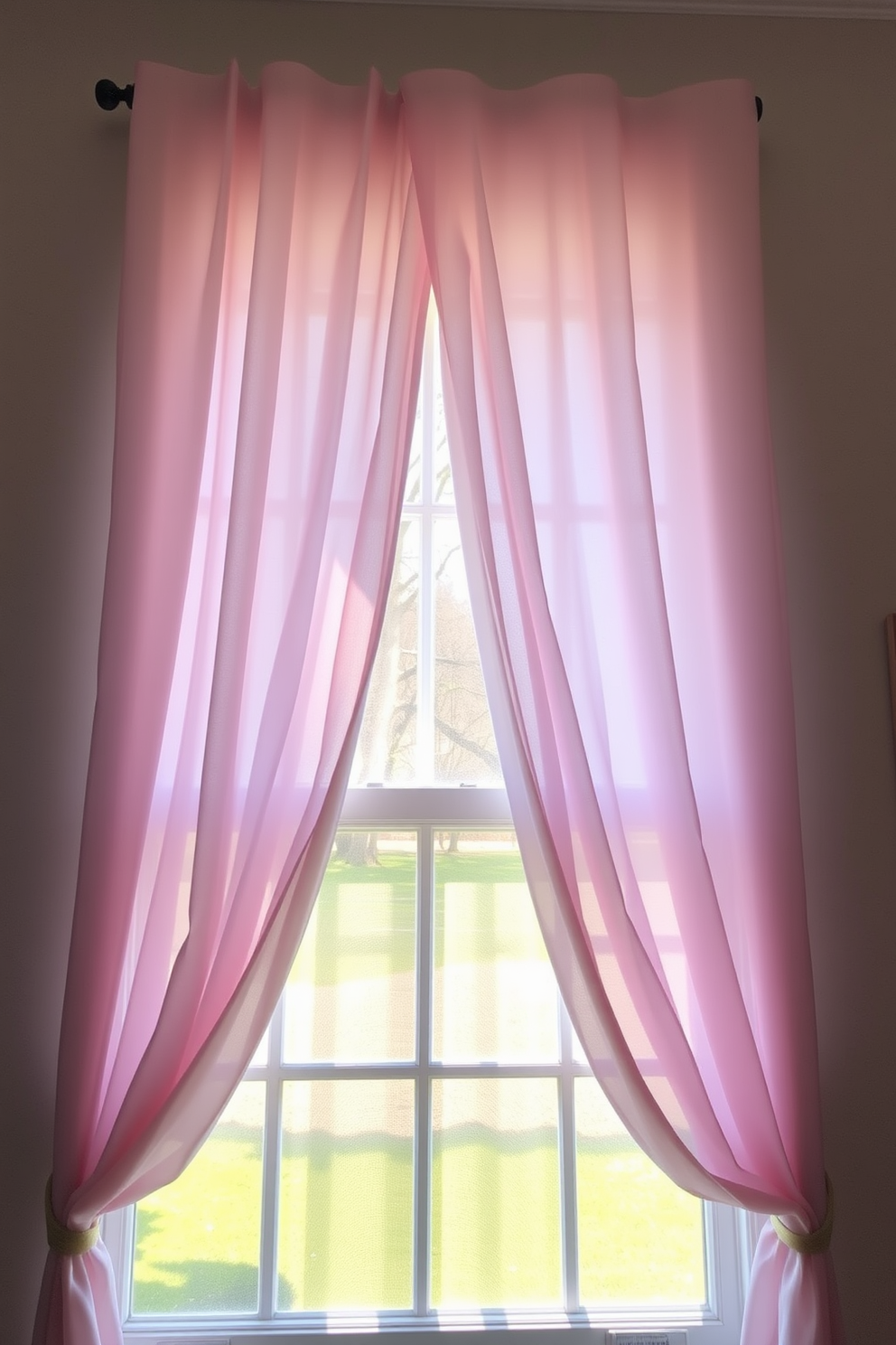 A cheerful spring window display featuring whimsical pinwheels in various pastel colors. The window is adorned with light sheer curtains that gently flutter in the breeze, allowing sunlight to illuminate the vibrant decorations.