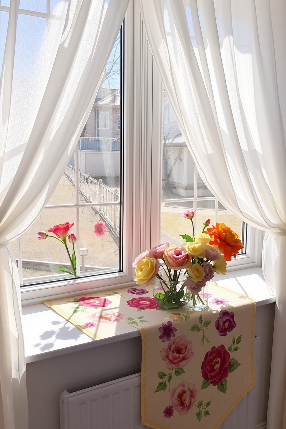 Floral table runners are elegantly draped across the window sills, adding a vibrant touch to the spring decor. The sunlight filters through the sheer curtains, illuminating the colorful patterns of the flowers and creating a cheerful ambiance.