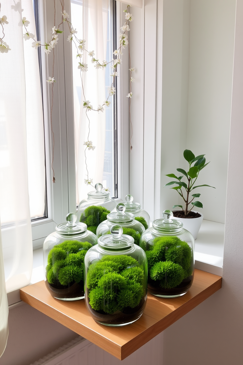 A bright and airy room features multiple glass terrariums filled with lush green moss. The terrariums are arranged on a wooden shelf near a large window, allowing natural light to illuminate the vibrant greenery. Spring decorations adorn the window with pastel-colored curtains and delicate floral garlands. A small potted plant sits on the windowsill, complementing the fresh and lively atmosphere of the space.