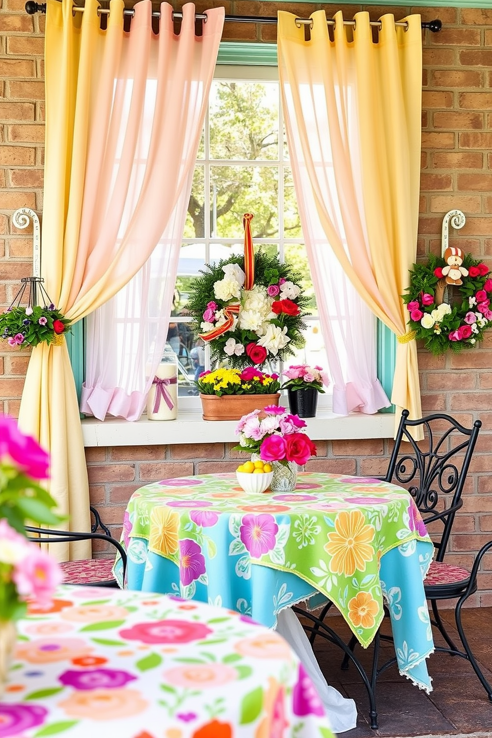 Cheerful tablecloths for outdoor dining. Brightly colored patterns with floral motifs adorn the tables, creating a vibrant and inviting atmosphere for al fresco meals. Spring window decorating ideas. Sheer curtains in pastel shades gently filter the sunlight, while potted flowers and decorative wreaths bring a fresh and lively touch to the window sills.