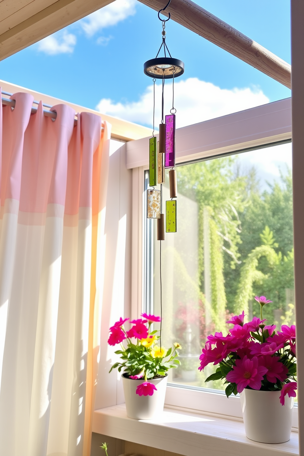 Whimsical wind chimes hang from a wooden beam, gently swaying in the breeze and creating soothing sounds throughout the space. The chimes are crafted from colorful glass and bamboo, adding a playful touch to the serene outdoor ambiance. Spring window decorating ideas feature sheer pastel curtains that flutter softly in the wind, allowing natural light to filter through. Potted flowers in vibrant hues adorn the window sill, bringing a cheerful and inviting atmosphere to the room.