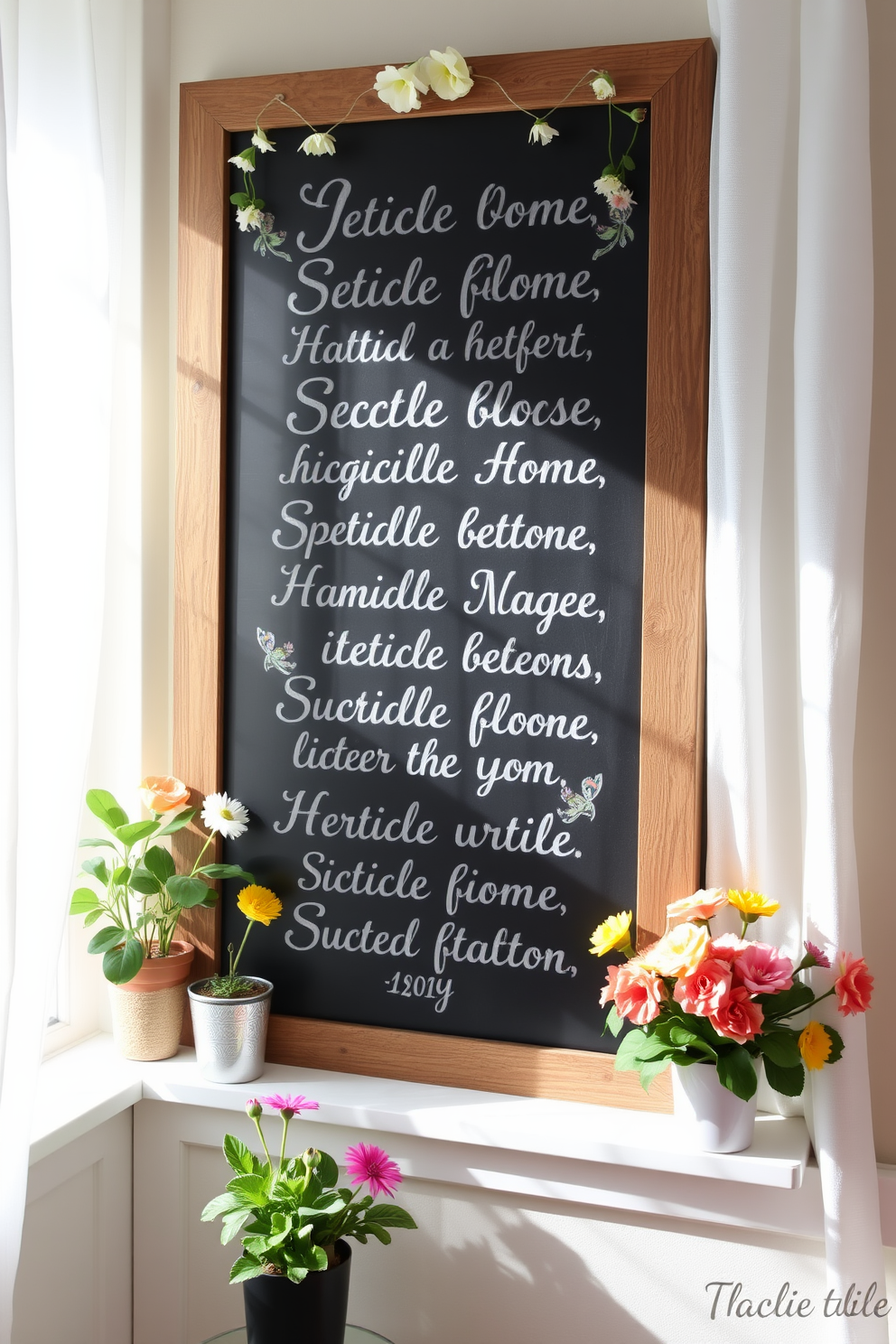 A collection of seasonal quotes beautifully displayed on a rustic chalkboard. The chalkboard is framed with reclaimed wood and adorned with delicate floral accents, creating a charming focal point in the room. Bright and airy spring window decorating ideas featuring sheer white curtains that gently filter sunlight. Potted plants and colorful blooms are placed on the windowsill, adding a refreshing touch to the space.