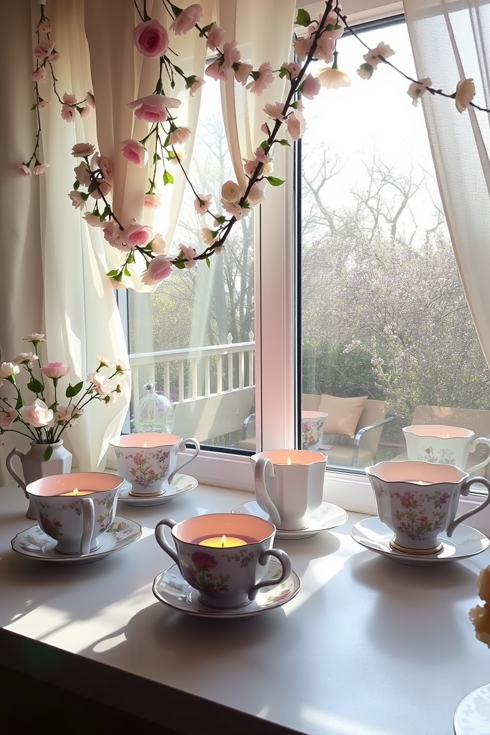 A charming display of vintage teacups used as unique candle holders. Each teacup is filled with a small candle, creating a warm and inviting atmosphere. The window is adorned with delicate floral garlands and soft sheer curtains. Sunlight filters through, illuminating the teacups and enhancing the springtime decor.