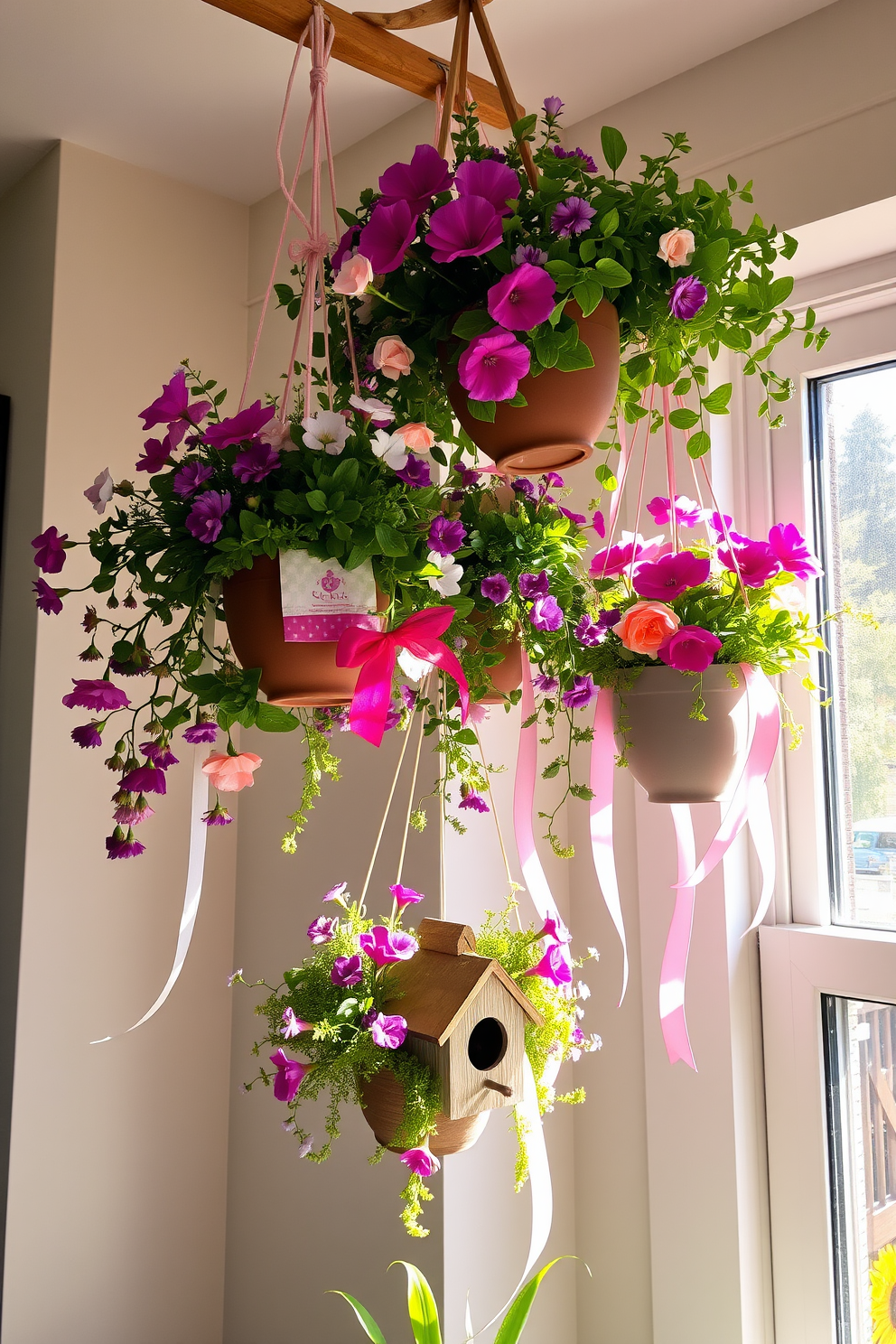 Hanging planters filled with vibrant flowers and lush greenery are suspended from a wooden beam, creating a stunning vertical garden that brings life to the space. Sunlight filters through the window, casting a warm glow on the plants and enhancing their colors. To enhance the spring theme, delicate pastel ribbons are draped around the planters, adding a touch of whimsy. A small birdhouse is nestled among the foliage, inviting a sense of nature into the room.