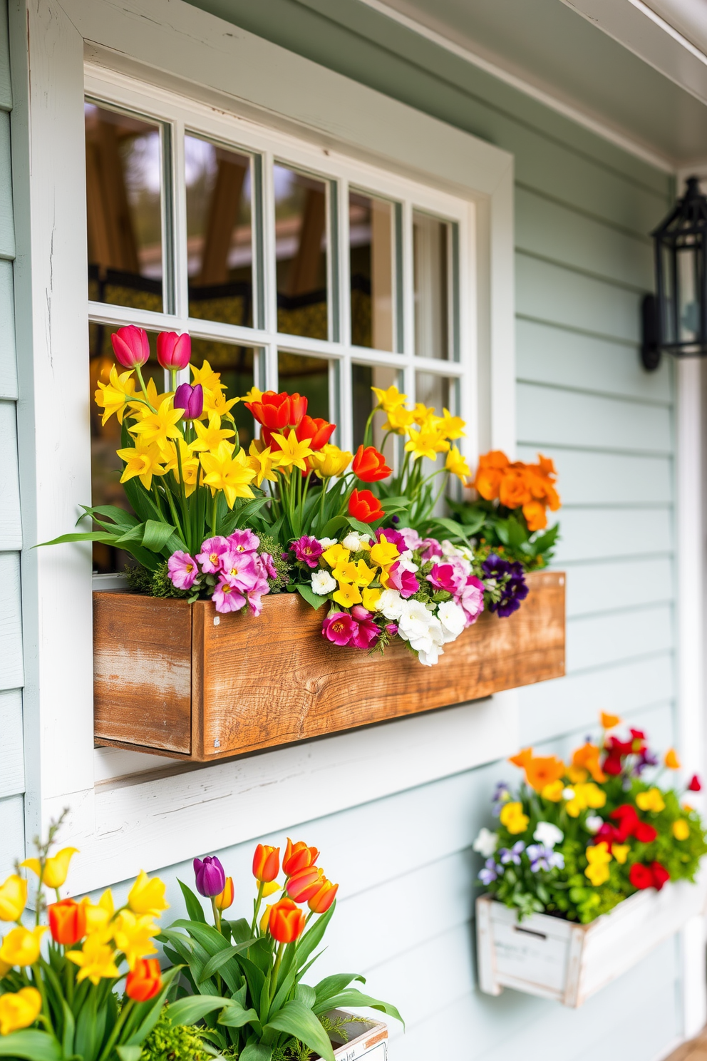 Decorative window boxes filled with vibrant seasonal plants create a cheerful ambiance. The boxes are made of rustic wood and feature a variety of colorful flowers and greenery, enhancing the charm of the windows. For spring, the window boxes are adorned with blooming tulips, daffodils, and pansies. The bright colors contrast beautifully with the soft pastel shades of the house exterior, inviting warmth and joy into the space.