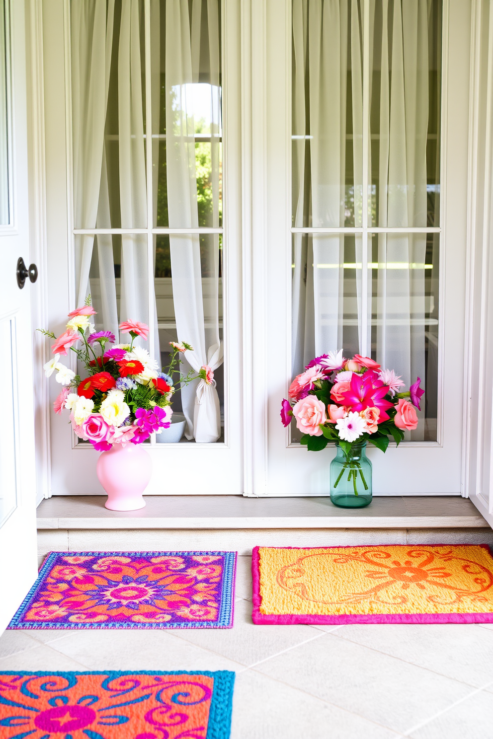 A cheerful table setting is arranged on a bright white tablecloth with colorful plates and vibrant floral centerpieces. The scene is enhanced by sunlight streaming through a large window, illuminating the cheerful decor. Outside the window, potted plants and hanging flower baskets add a touch of greenery and warmth to the inviting atmosphere. The overall design creates a welcoming and joyful ambiance that draws the eye and invites guests to enjoy the space.