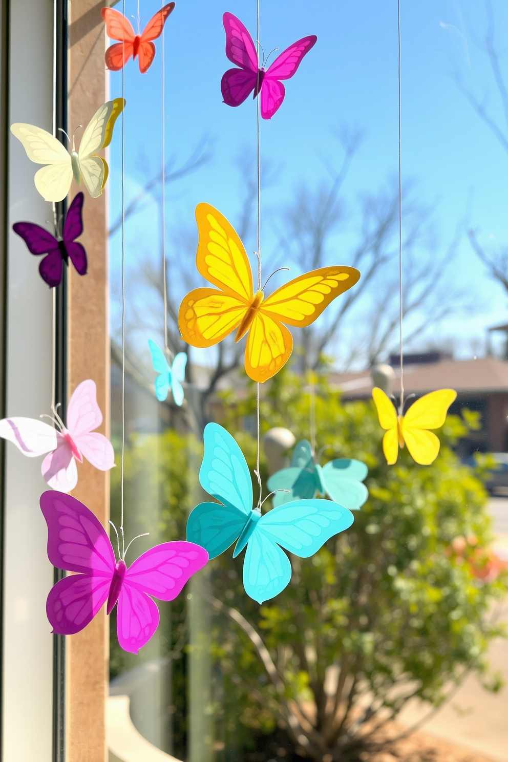 Create a whimsical spring window display featuring hanging paper butterflies in various pastel colors. The butterflies should be suspended at different heights, creating a sense of movement and playfulness in the sunlight.