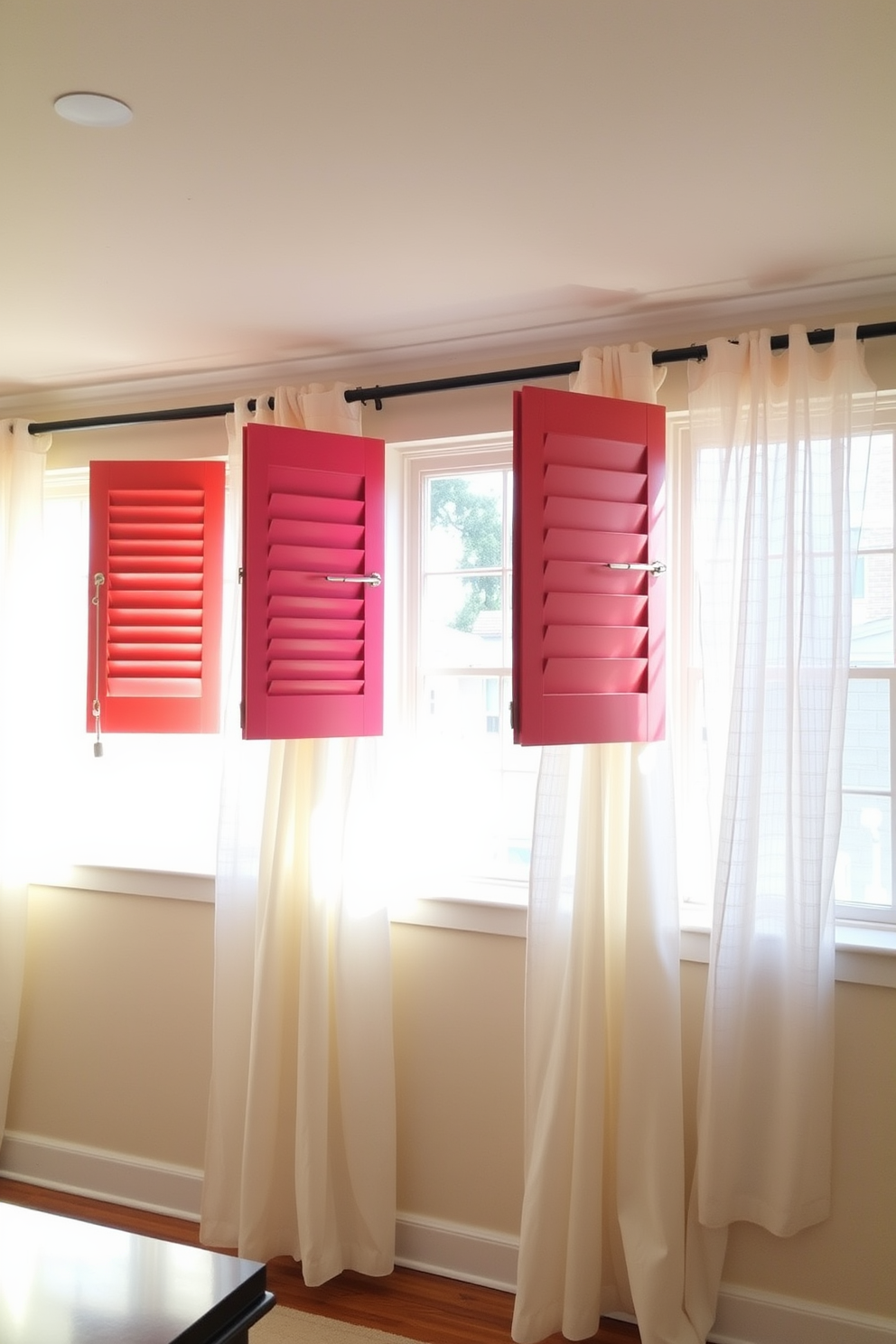 Brightly colored curtains with vibrant floral patterns drape elegantly from a polished wooden rod. The light filters through the fabric, casting cheerful shadows on the sunlit room, enhancing the fresh spring atmosphere.