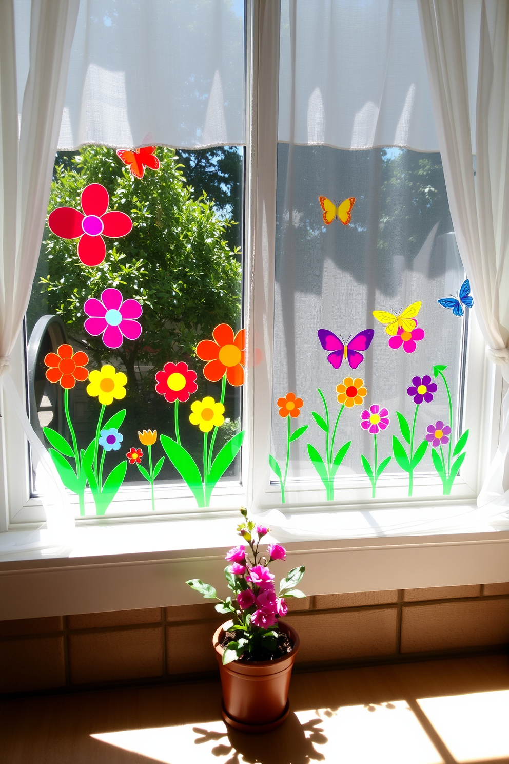 A bright and cheerful spring-themed window display featuring colorful window clings of flowers and butterflies. The clings are arranged playfully to create a lively and inviting atmosphere, perfect for welcoming the season. The window is adorned with sheer white curtains that gently filter sunlight, enhancing the vibrant colors of the decorations. A small potted plant sits on the windowsill, adding a touch of greenery to the cheerful scene.