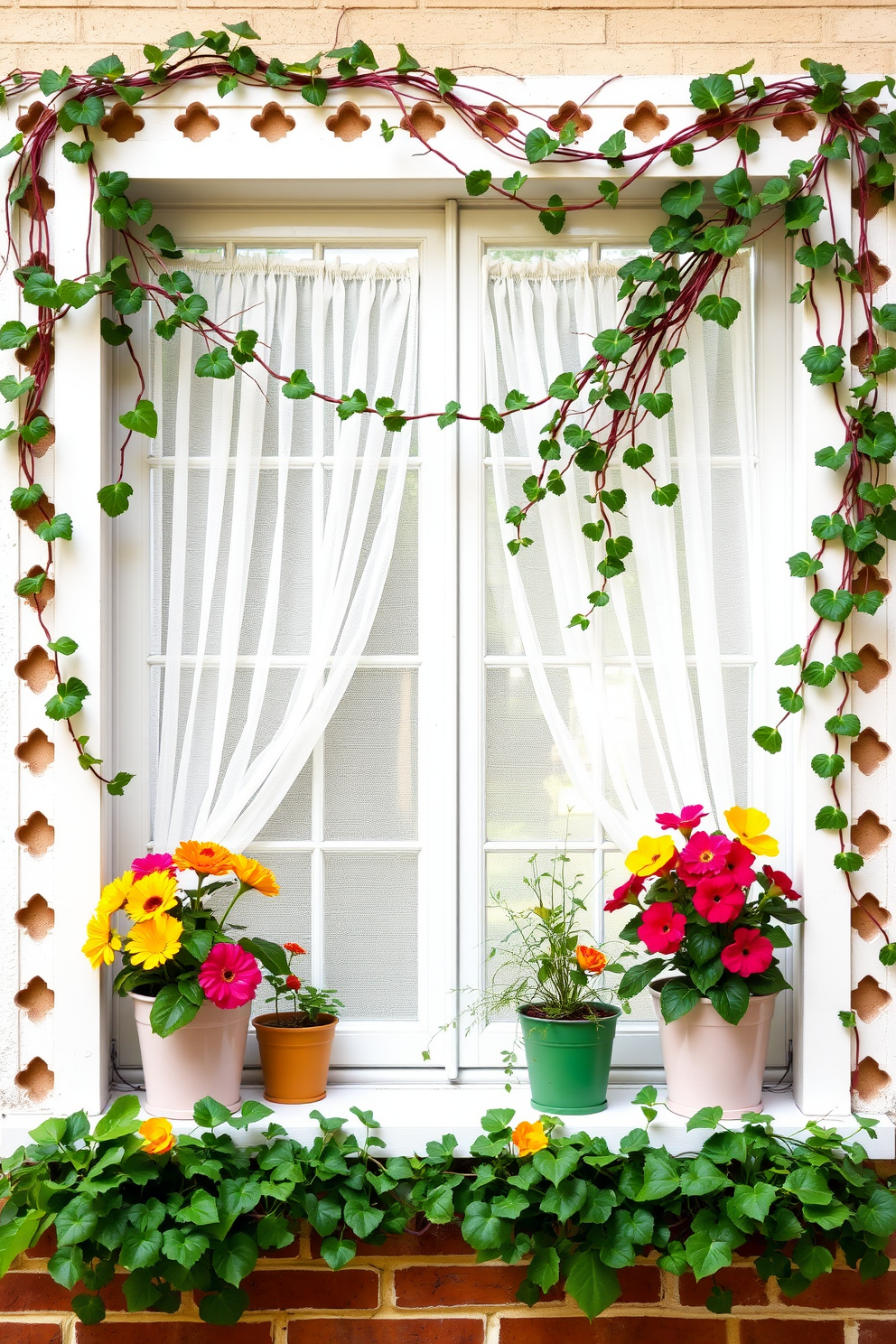 Charming birdhouses adorned with vibrant colors and intricate designs are arranged on a rustic wooden shelf. Nestled among them are delicate nests filled with pastel-colored eggs, bringing a touch of nature indoors. Floral garlands drape elegantly around the window frame, complementing the cheerful birdhouses. Soft sunlight filters through sheer curtains, enhancing the cozy and inviting atmosphere of the spring decor.