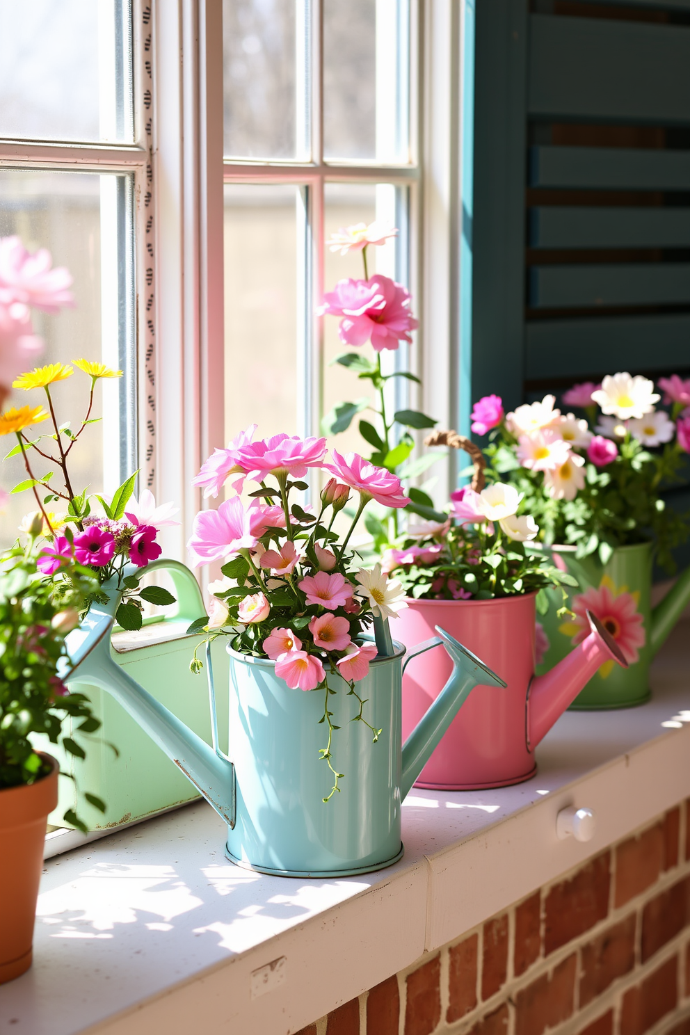 Fresh herbs in decorative pots arranged on a bright windowsill. The pots are made of rustic terracotta and painted in pastel colors, adding a cheerful touch to the space. Spring window decorating ideas featuring sheer white curtains that gently filter sunlight. Colorful floral accents and soft green plants complement the fresh herbs, creating a vibrant and inviting atmosphere.