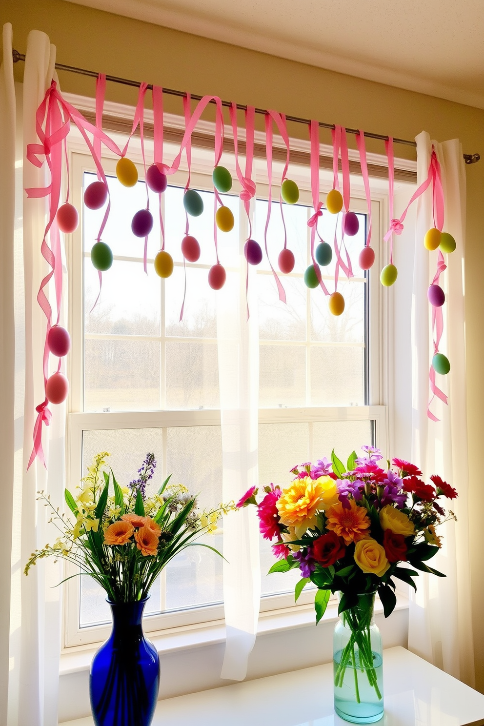 Easter egg garlands drape gracefully across the window, featuring a colorful assortment of pastel eggs and delicate ribbons. The sunlight filters through, casting playful shadows and creating a cheerful atmosphere in the room. Spring window decorating ideas include fresh flower arrangements in vibrant vases, enhancing the seasonal theme. Sheer curtains flutter gently in the breeze, adding a light and airy feel to the space.