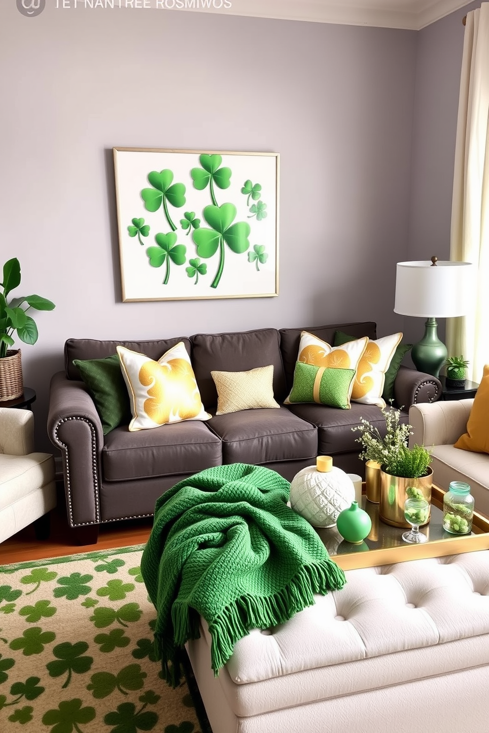 A charming living room adorned for St. Patrick's Day features a lush shamrock garland gracefully draped across the mantel. The warm glow of candles flickers beside decorative green and gold accents, creating a festive and inviting atmosphere.