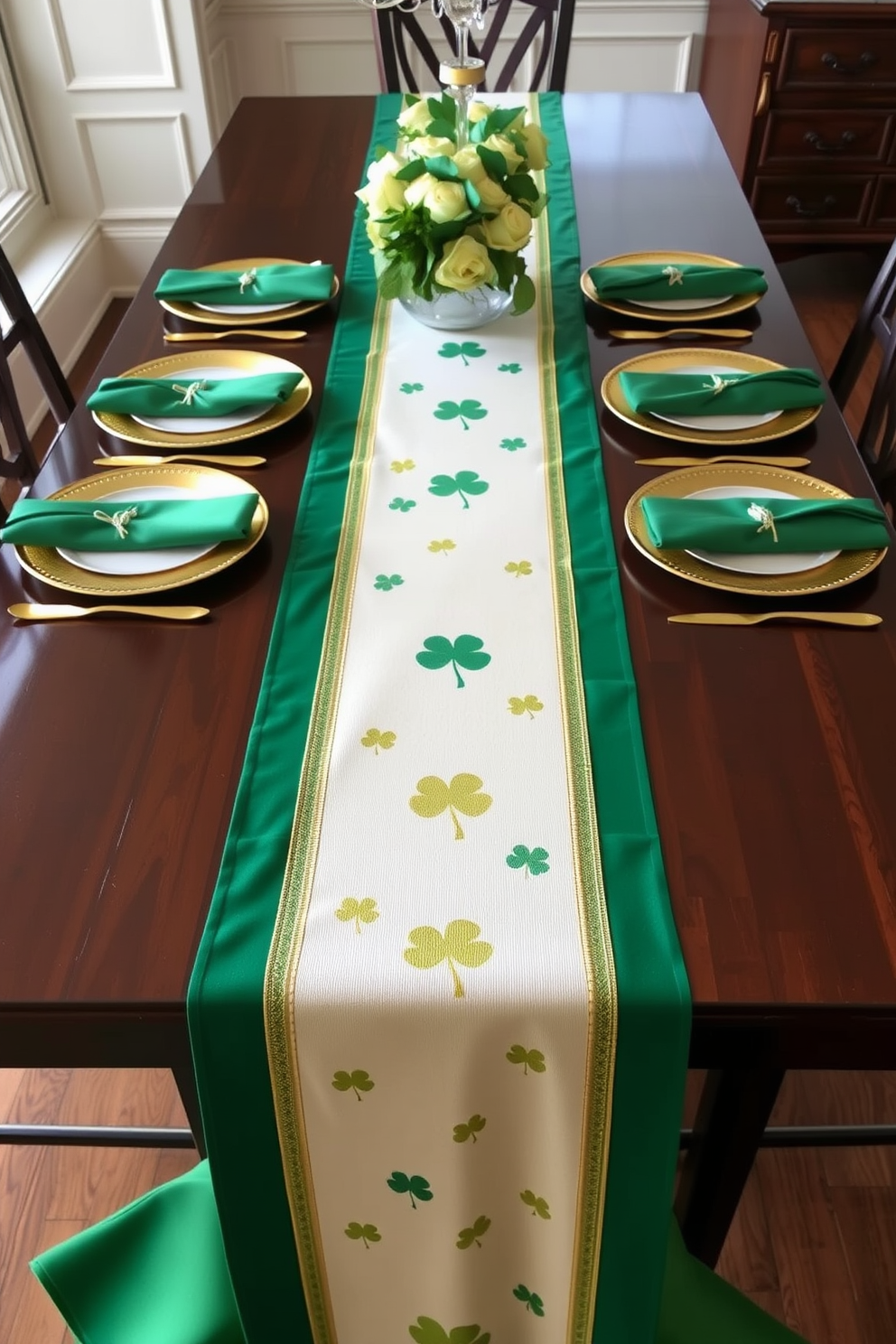 A beautifully set dining table for St. Patrick's Day features elegant green and gold table runners draping gracefully across the surface. The runners are adorned with delicate shamrock patterns, complemented by matching napkins and gold cutlery for a festive touch.