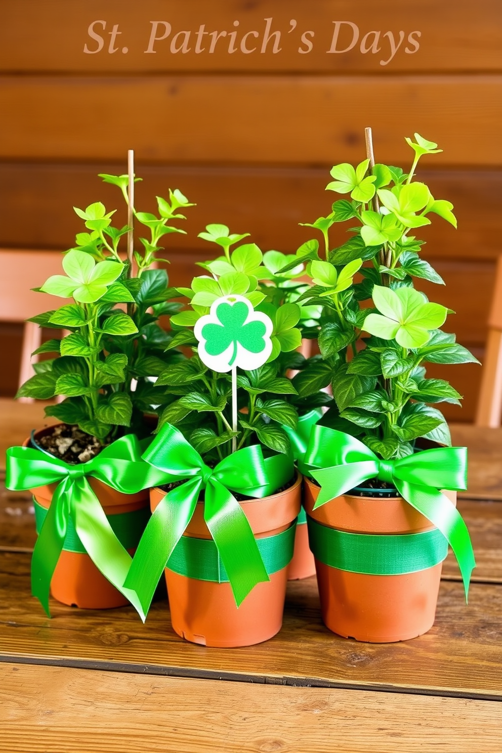 A charming St. Patrick's Day decoration featuring potted plants adorned with vibrant green ribbons tied around their pots. The plants are arranged on a rustic wooden table, creating a festive and inviting atmosphere for the holiday celebration.