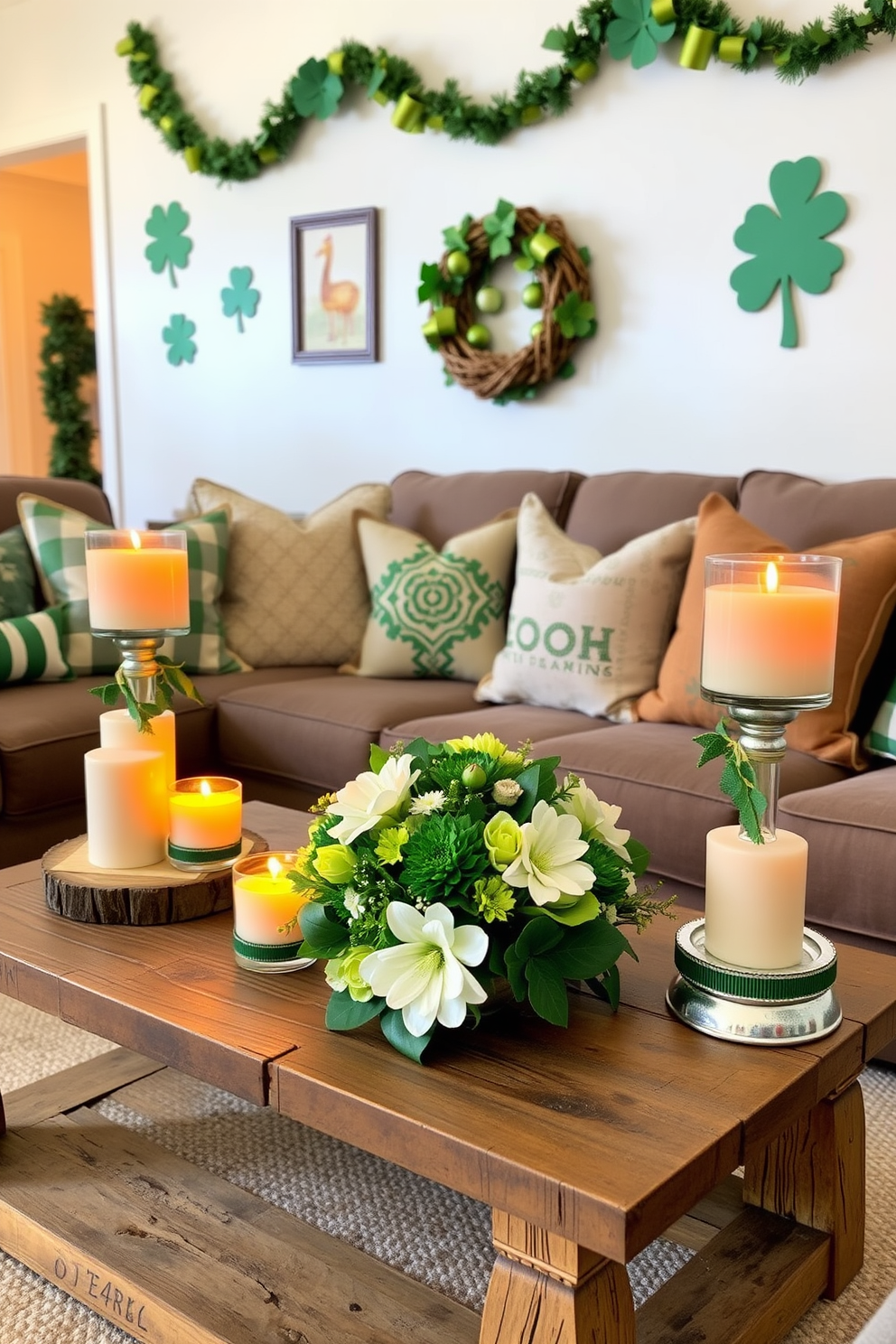 A cozy living room setting featuring St. Patrick's Day themed candles placed on rustic wooden tables. The candles are adorned with green and gold accents, casting a warm glow throughout the room. The walls are decorated with festive garlands and shamrock motifs. A cheerful centerpiece of fresh flowers in shades of green and white complements the holiday theme.