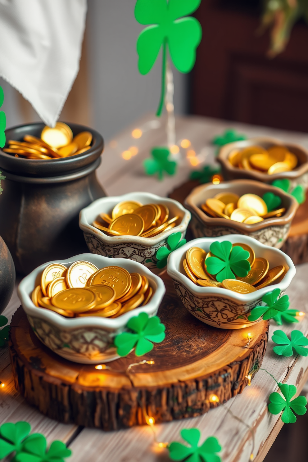 A festive display featuring decorative bowls filled with shimmering gold coins captures the spirit of St. Patrick's Day. The bowls are arranged on a rustic wooden table, surrounded by green shamrocks and twinkling fairy lights to enhance the celebratory atmosphere.